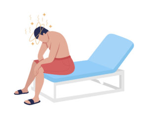 Zeichnung eines Mannes, der auf einer Liege sitzt und unter einem Hitzschlag leidet